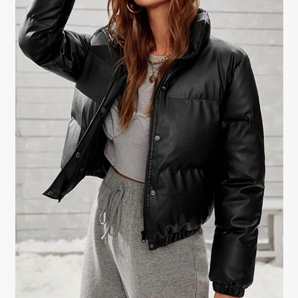 Women's Black Faux Leather Puffer Jacket
